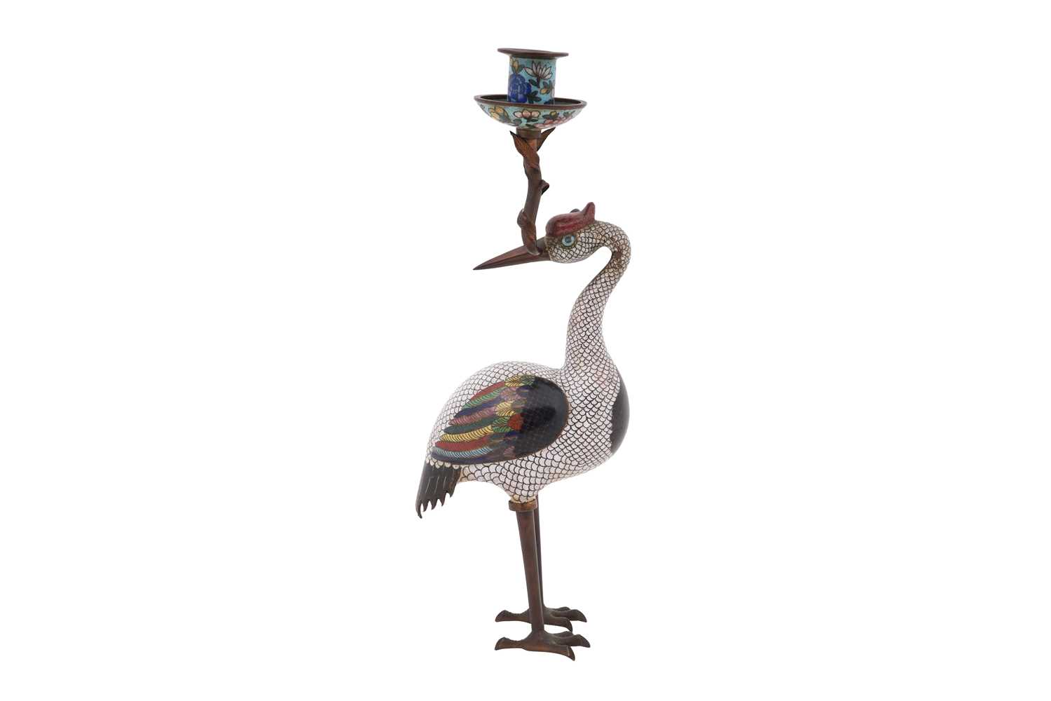 Lot 59 - A CHINESE CLOISONNÉ 'CRANE' CANDLE HOLDER