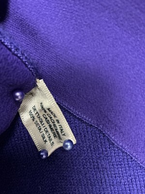 Lot 80 - A BOTTEGA VENETA PURPLE 100% FINE CASHMERE CARDIGAN WITH SILK CHIFFON TIE DETAIL