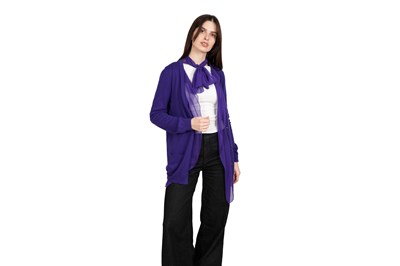 Lot 80 - A BOTTEGA VENETA PURPLE 100% FINE CASHMERE CARDIGAN WITH SILK CHIFFON TIE DETAIL