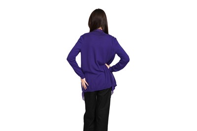 Lot 80 - A BOTTEGA VENETA PURPLE 100% FINE CASHMERE CARDIGAN WITH SILK CHIFFON TIE DETAIL