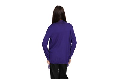 Lot 80 - A BOTTEGA VENETA PURPLE 100% FINE CASHMERE CARDIGAN WITH SILK CHIFFON TIE DETAIL