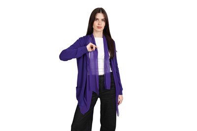 Lot 80 - A BOTTEGA VENETA PURPLE 100% FINE CASHMERE CARDIGAN WITH SILK CHIFFON TIE DETAIL