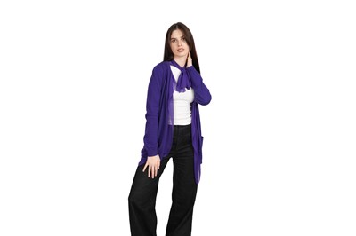 Lot 80 - A BOTTEGA VENETA PURPLE 100% FINE CASHMERE CARDIGAN WITH SILK CHIFFON TIE DETAIL