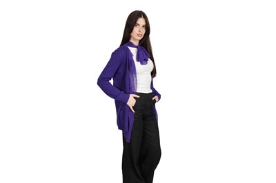 Lot 80 - A BOTTEGA VENETA PURPLE 100% FINE CASHMERE CARDIGAN WITH SILK CHIFFON TIE DETAIL