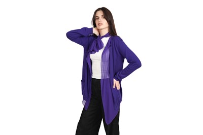 Lot 80 - A BOTTEGA VENETA PURPLE 100% FINE CASHMERE CARDIGAN WITH SILK CHIFFON TIE DETAIL