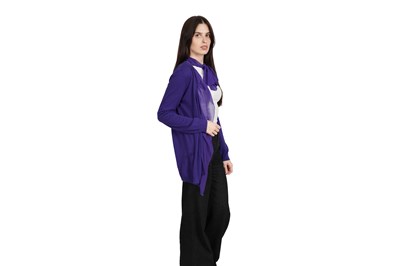 Lot 80 - A BOTTEGA VENETA PURPLE 100% FINE CASHMERE CARDIGAN WITH SILK CHIFFON TIE DETAIL