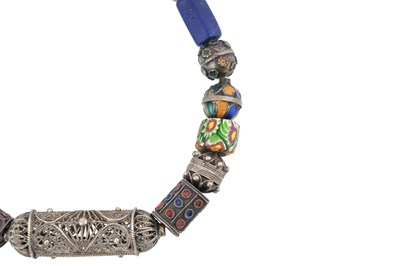 Lot 62 - A BERBER KABYLE TRIBE SILVER AND BEADWORK NECKLACE AND EARRINGS SUITE