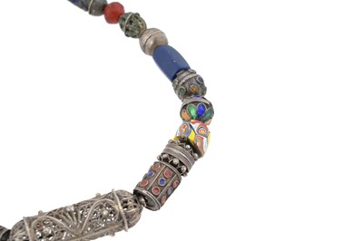 Lot 62 - A BERBER KABYLE TRIBE SILVER AND BEADWORK NECKLACE AND EARRINGS SUITE