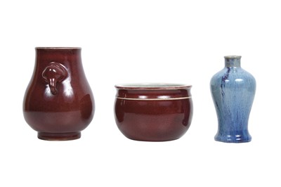 Lot 12 - A CHINESE JUN-TYPE VASE, A SANG DE BOEUF HU VASE AND AN INCENSE BURNER