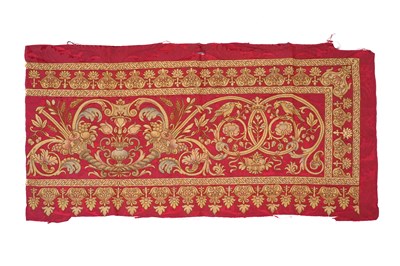 Lot 220 - A RED-WIRE EUROPEAN APPLIQUÉ THREAD TEXTILE FOR THE ORIENTAL MARKET