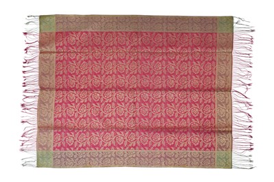 Lot 211 - A RED GROUND BARANASI SILK TEXTILE WITH GILDED BROCADE DECORATION