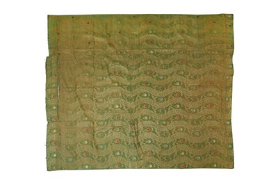 Lot 210 - A BRIGHT GREEN BANARASI SILK TEXTILE WITH GILDED BROCADE DECORATION
