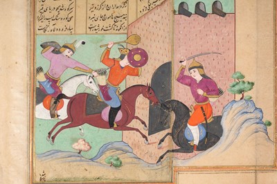 Lot 59 - AN ILLUSTRATED LEAF FROM A SAFAVID SHAHNAMEH DEPICTING FARUD IN BATTLE WITH THE IRANIANS