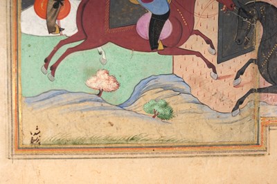 Lot 59 - AN ILLUSTRATED LEAF FROM A SAFAVID SHAHNAMEH DEPICTING FARUD IN BATTLE WITH THE IRANIANS