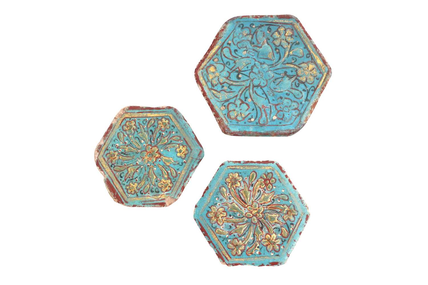 Lot 11 - THREE HEXAGONAL LAJVARDINA GILDED TILES