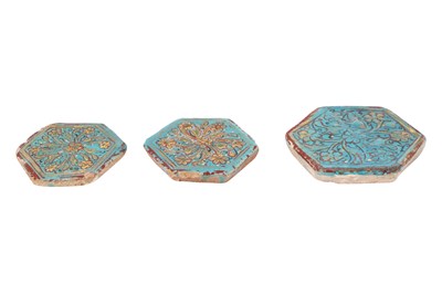 Lot 11 - THREE HEXAGONAL LAJVARDINA GILDED TILES