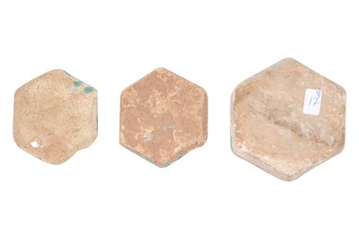 Lot 11 - THREE HEXAGONAL LAJVARDINA GILDED TILES