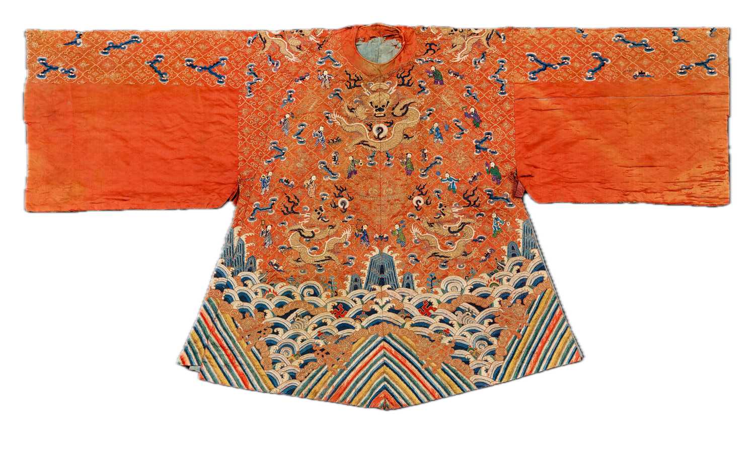 Lot 1 - A CHINESE EMBROIDERED WEDDING ‘DRAGON’ RED SILK ROBE