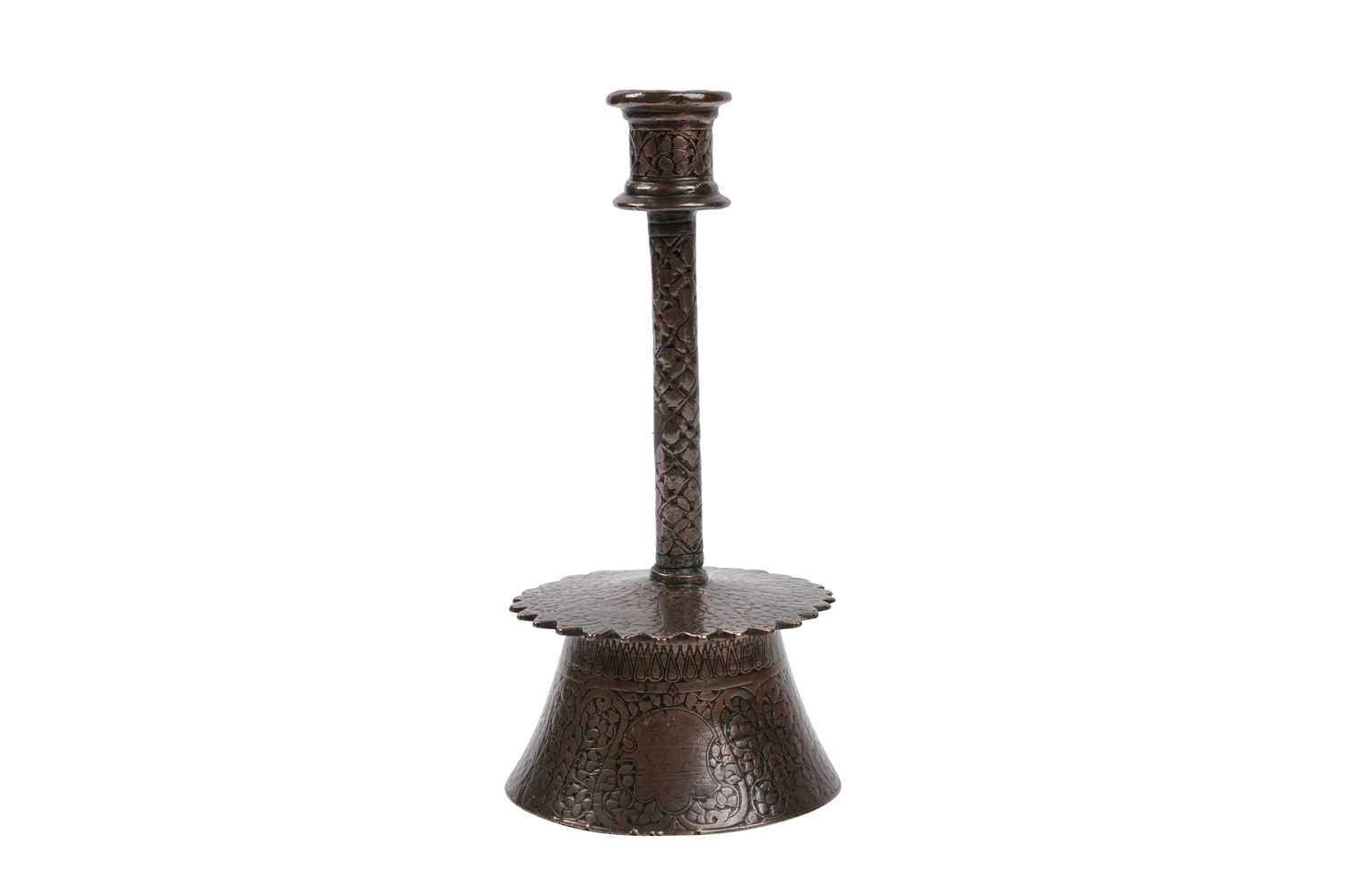 Lot 32 - A RARE MAMLUK VENETO SARACENIC ENGRAVED BRASS CANDLESTICK