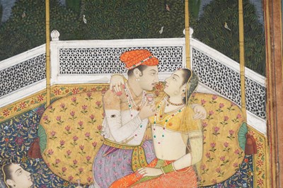 Lot 61 - AN INDIAN MINIATURE DEPICTING A MUGHAL PRINCE WITH HIS CONSORT