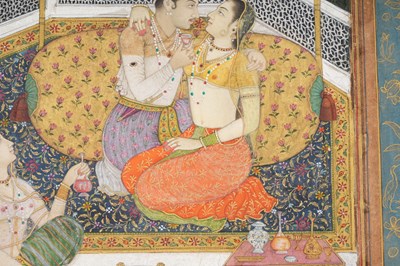 Lot 61 - AN INDIAN MINIATURE DEPICTING A MUGHAL PRINCE WITH HIS CONSORT