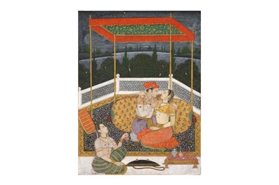 Lot 61 - AN INDIAN MINIATURE DEPICTING A MUGHAL PRINCE WITH HIS CONSORT