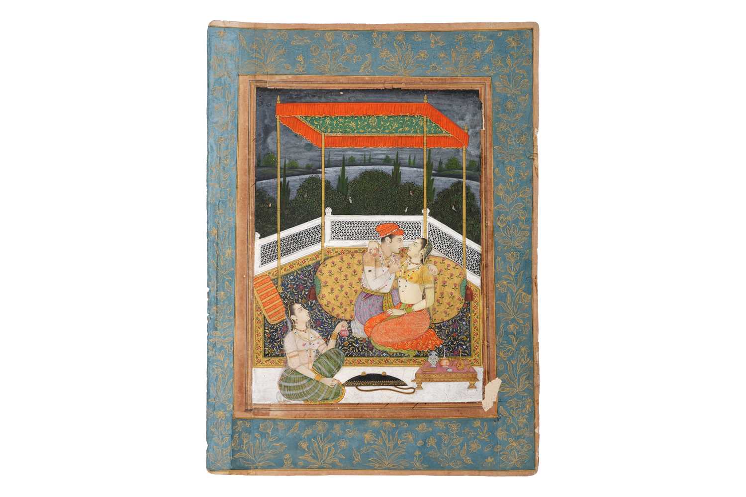 Lot 61 - AN INDIAN MINIATURE DEPICTING A MUGHAL PRINCE WITH HIS CONSORT