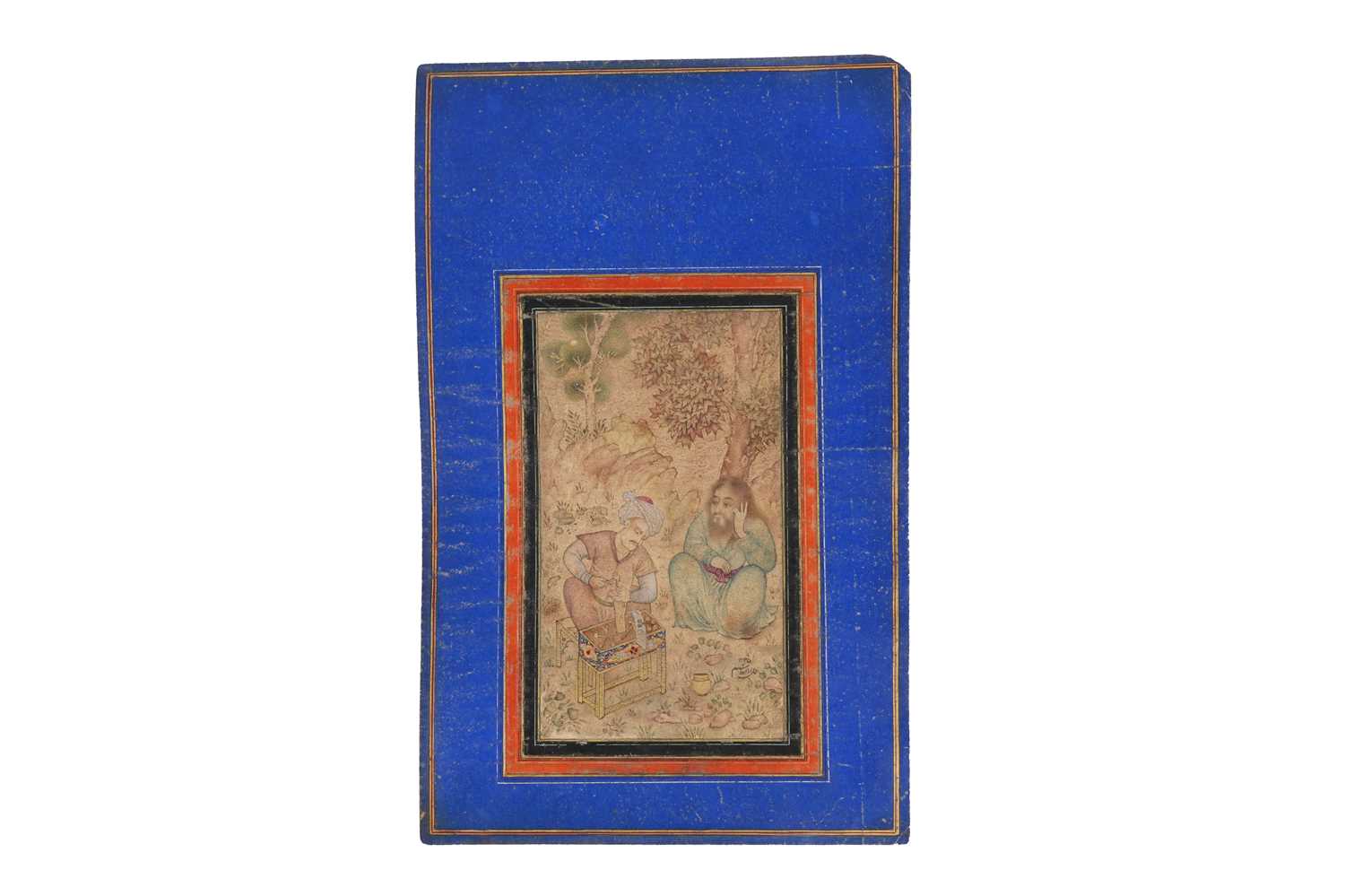 Lot 63 - A QAJAR MINIATURE DEPICTING A DERVISH WATCHING A STAMP MAKER