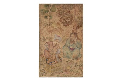 Lot 63 - A QAJAR MINIATURE DEPICTING A DERVISH WATCHING A STAMP MAKER