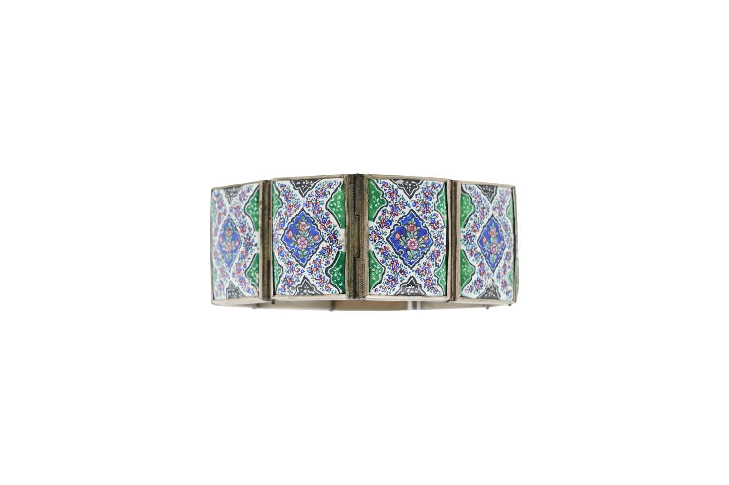 Lot 66 - AN IRANIAN SILVER AND ENAMEL PANEL BRACELET