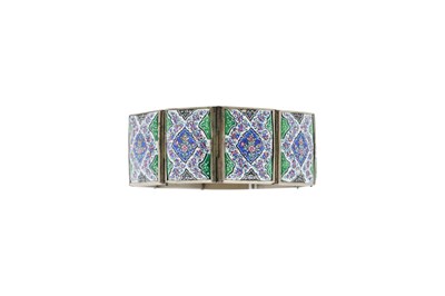 Lot 66 - AN IRANIAN SILVER AND ENAMEL PANEL BRACELET