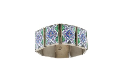 Lot 66 - AN IRANIAN SILVER AND ENAMEL PANEL BRACELET