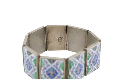 Lot 66 - AN IRANIAN SILVER AND ENAMEL PANEL BRACELET