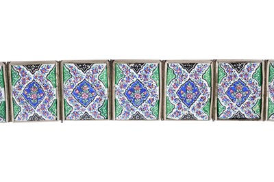 Lot 66 - AN IRANIAN SILVER AND ENAMEL PANEL BRACELET