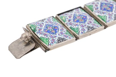 Lot 66 - AN IRANIAN SILVER AND ENAMEL PANEL BRACELET