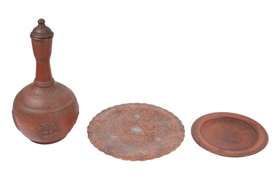 Lot 79 - A TERRACOTTA BOTTLE FLASK (SURAHI) AND A SILVER INLAID COPPER PLATE