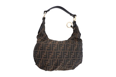 Lot 131 - A FENDI 'ZUCCA' CANVAS AND BLACK LEATHER HOBO SHOULDER BAG WITH 'FF' MONOGRAM AND GOLD-TONE HARDWARE