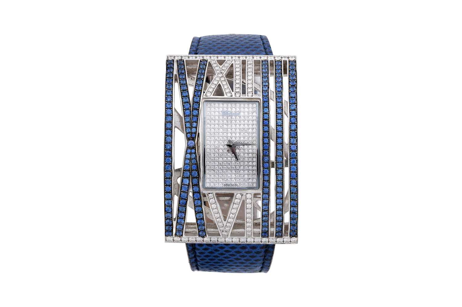 Lot 8 - A CHOPARD 'MONTRE DAME XL' 18CT WHITE GOLD, SAPPHIRE AND DIAMOND LADIES WRISTWATCH