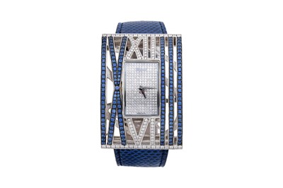 Lot 8 - A CHOPARD 'MONTRE DAME XL' 18CT WHITE GOLD, SAPPHIRE AND DIAMOND LADIES WRISTWATCH