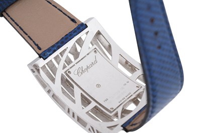 Lot 8 - A CHOPARD 'MONTRE DAME XL' 18CT WHITE GOLD, SAPPHIRE AND DIAMOND LADIES WRISTWATCH