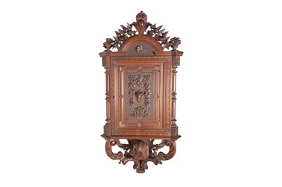 Lot 78 - A 19TH CENTURY CARVED WALNUT BLACK FOREST HANGING CIGAR CABINET