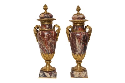Lot 4 - A PAIR OF ORMOLU MOUNTED ROUGE MARBLE CASSOLETTES