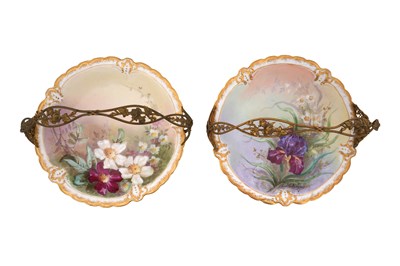 Lot 13 - A PAIR OF FRENCH PORCELAIN AND GILT METAL MOUNTED SWING HANDLED MUSICAL BASKETS