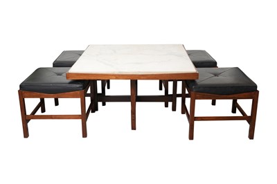 Lot 85 - A MID-CENTURY BRAZILIAN ROSEWOOD SQUARE COFFEE OR CENTRE TABLE AND STOOLS