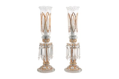 Lot 18 - A PAIR OF BACCARAT STYLE ENAMELLED GLASS STORM LAMPS