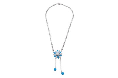 Lot 17 - AN 18CT WHITE GOLD TURQUOISE AND DIAMOND NECKLACE