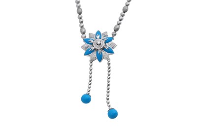 Lot 17 - AN 18CT WHITE GOLD TURQUOISE AND DIAMOND NECKLACE
