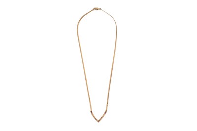 Lot 18 - AN 18CT GOLD CHEVRON HERRINGBONE NECKLACE WITH RUBIES AND DIAMONDS