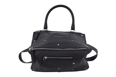 Lot 125 - A GIVENCHY LARGE PANDORA BLACK LEATHER WITH SILVER-TONE CROSS MOTIF STUDS BAG