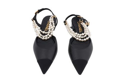 Lot 113 - A PAIR OF CHANEL RARE BLACK LEATHER AND PEARL-EMBELLISHED SLINGBACK FLAT PUMPS